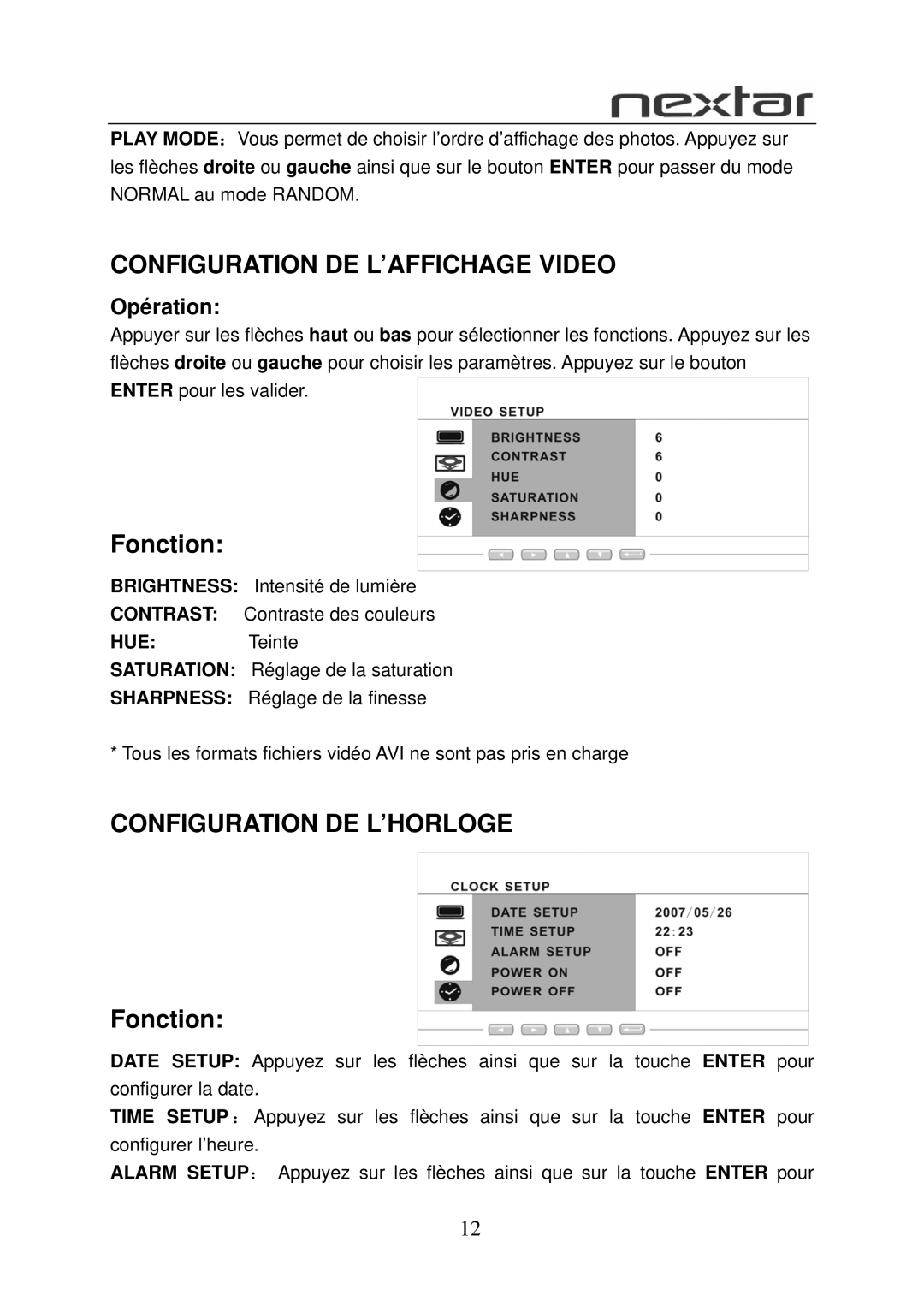 Nextar N7-108 user manual Configuration DE L’AFFICHAGE Video, Fonction, Configuration DE L’HORLOGE, Opération 