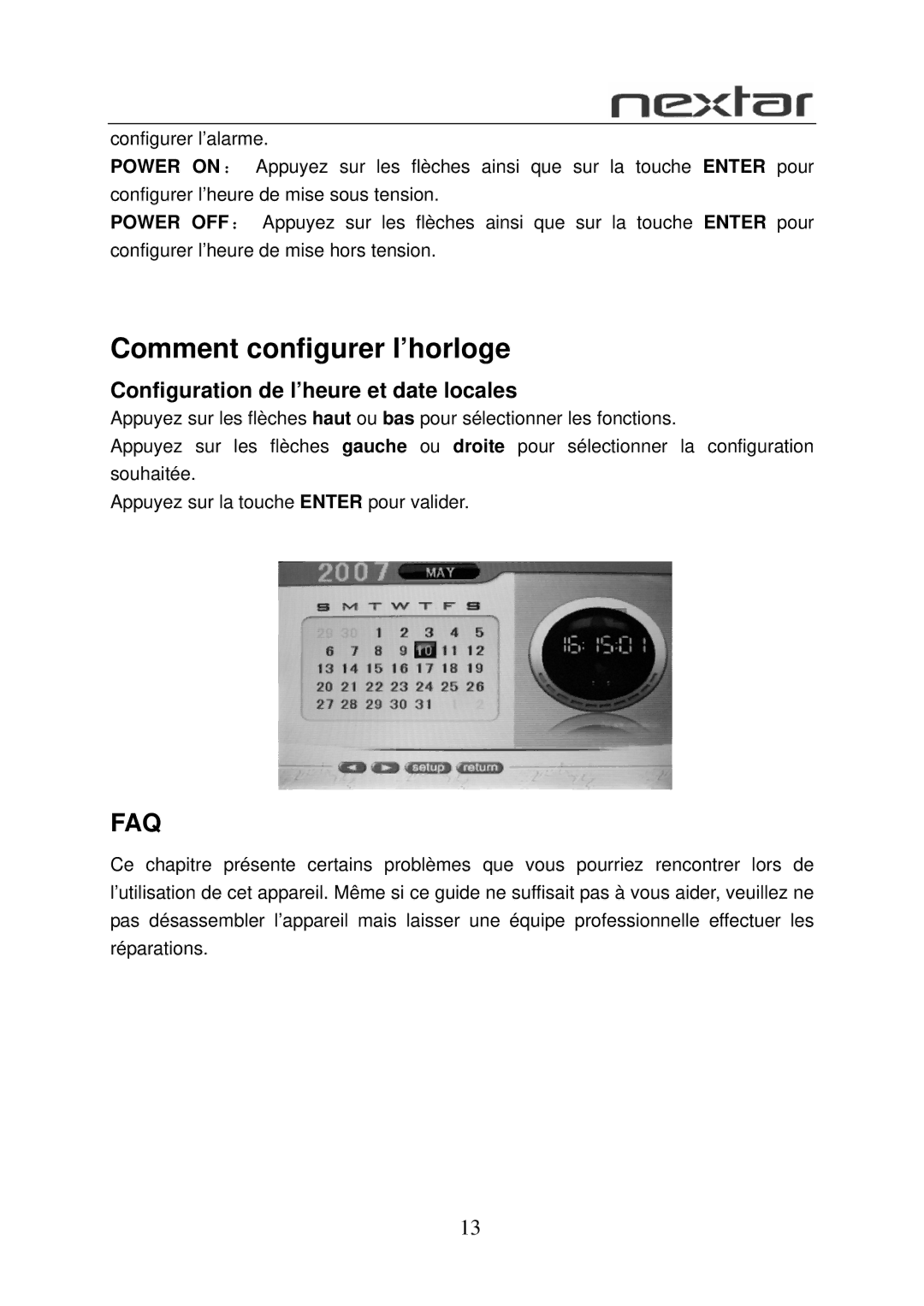 Nextar N7-108 user manual Comment configurer l’horloge, Faq, Configuration de l’heure et date locales 