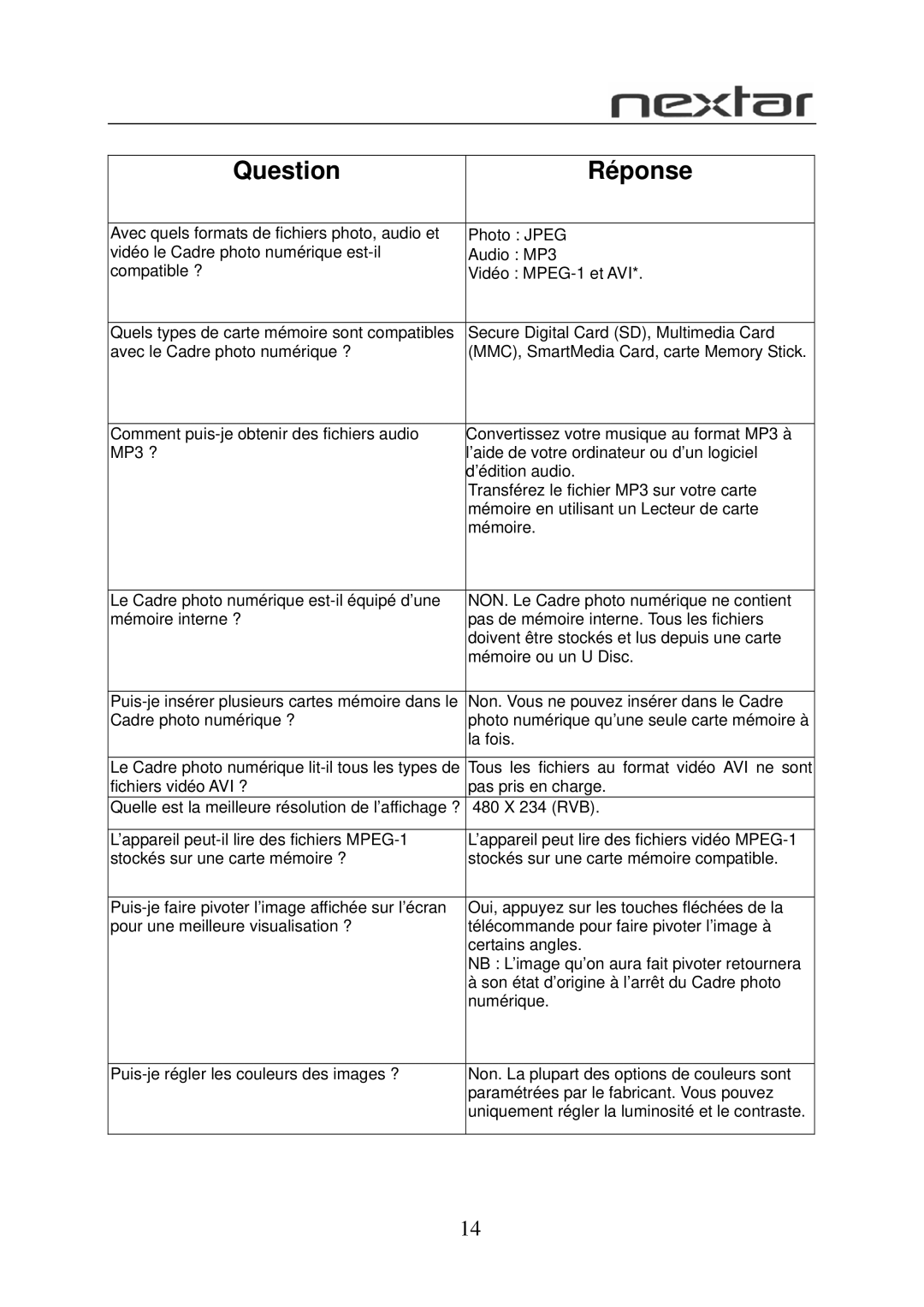 Nextar N7-108 user manual Question Réponse 