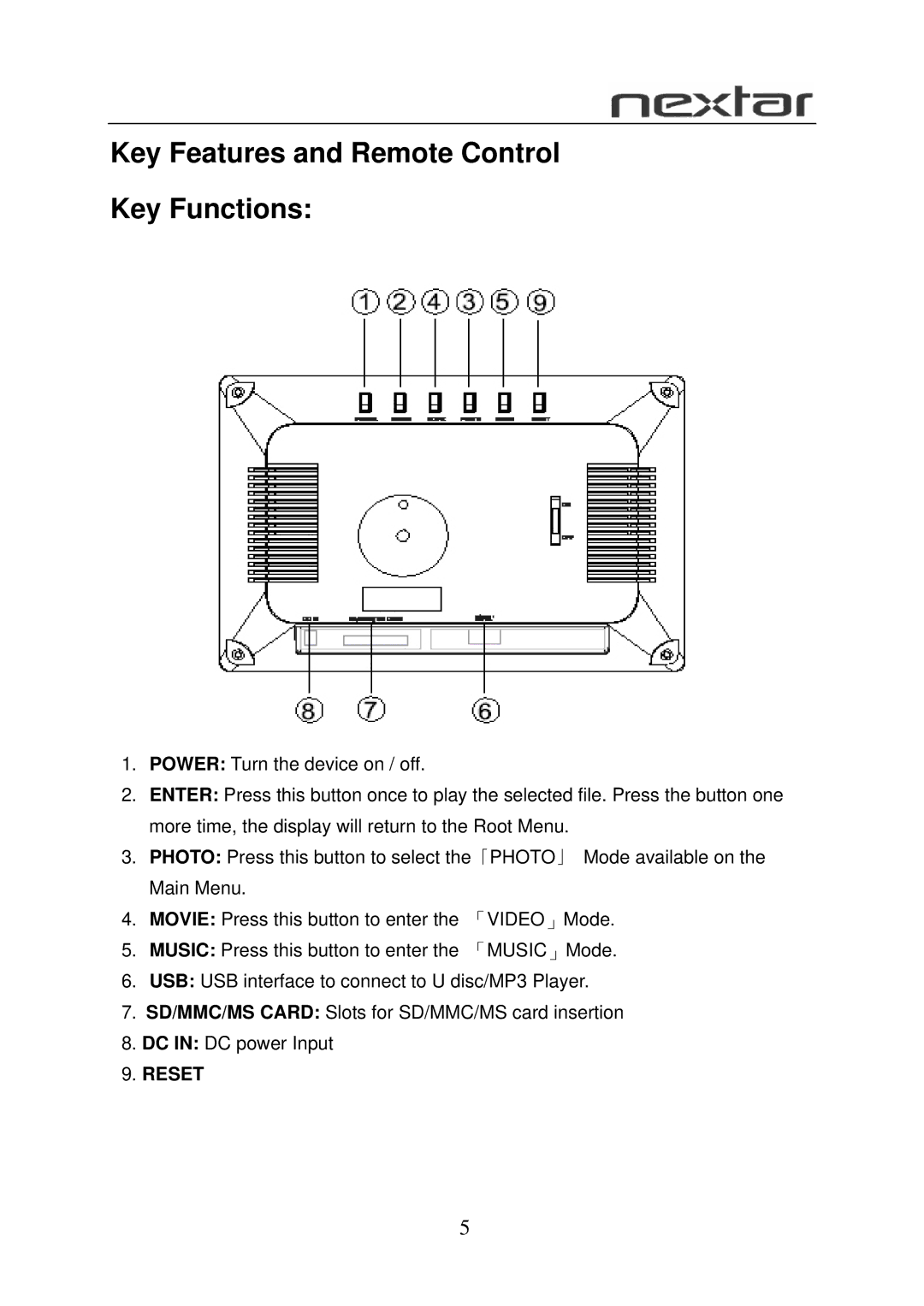 Nextar N7-108 user manual Key Features and Remote Control Key Functions 