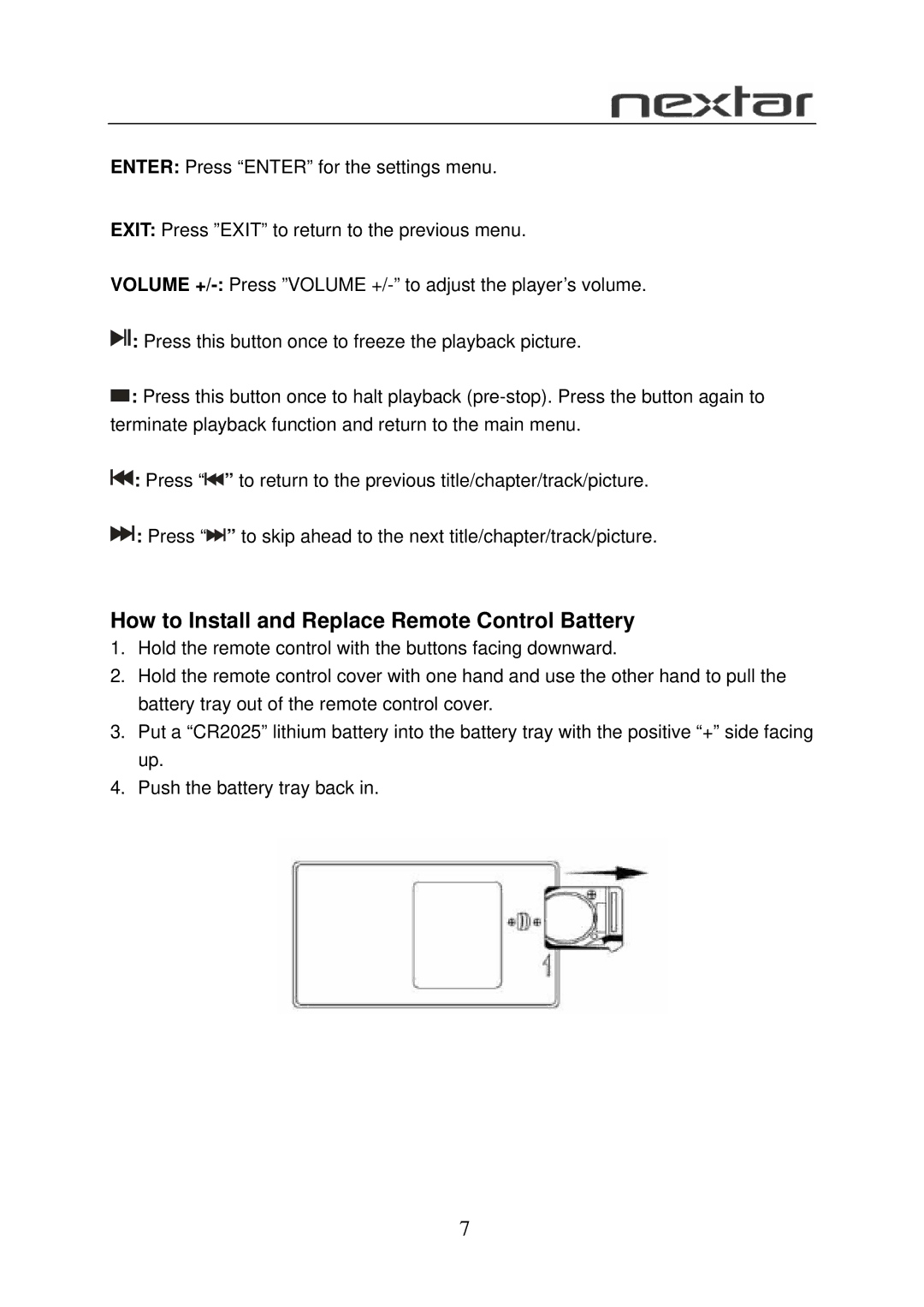 Nextar N7-108 user manual How to Install and Replace Remote Control Battery 