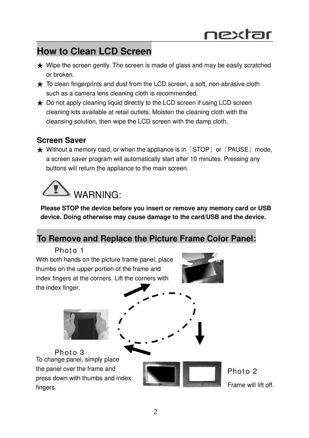 Nextar N7-110 user manual How to Clean LCD Screen, To Remove and Replace the Picture Frame Color Panel, Photo 