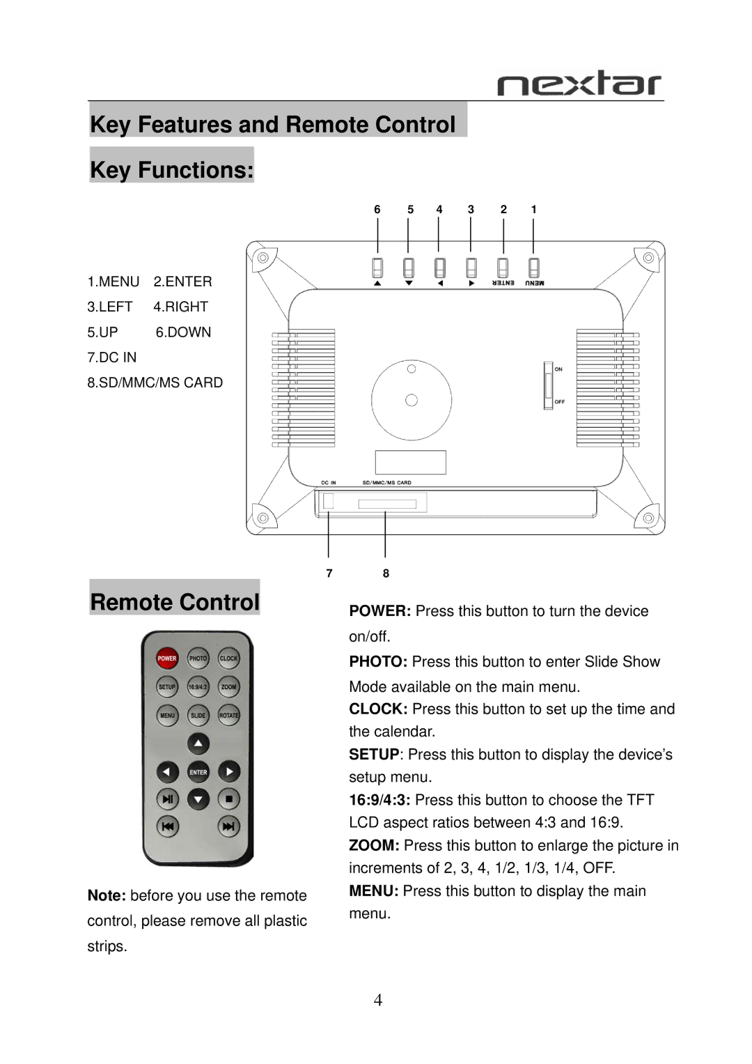 Nextar N7-110 user manual Key Features and Remote Control Key Functions 