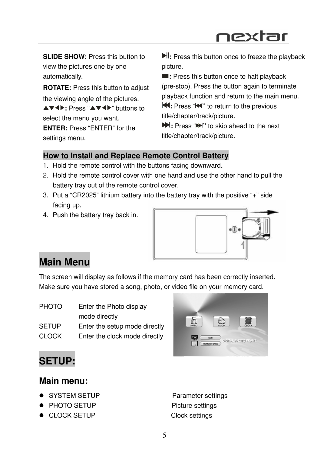 Nextar N7-110 user manual Main Menu, Main menu, How to Install and Replace Remote Control Battery 