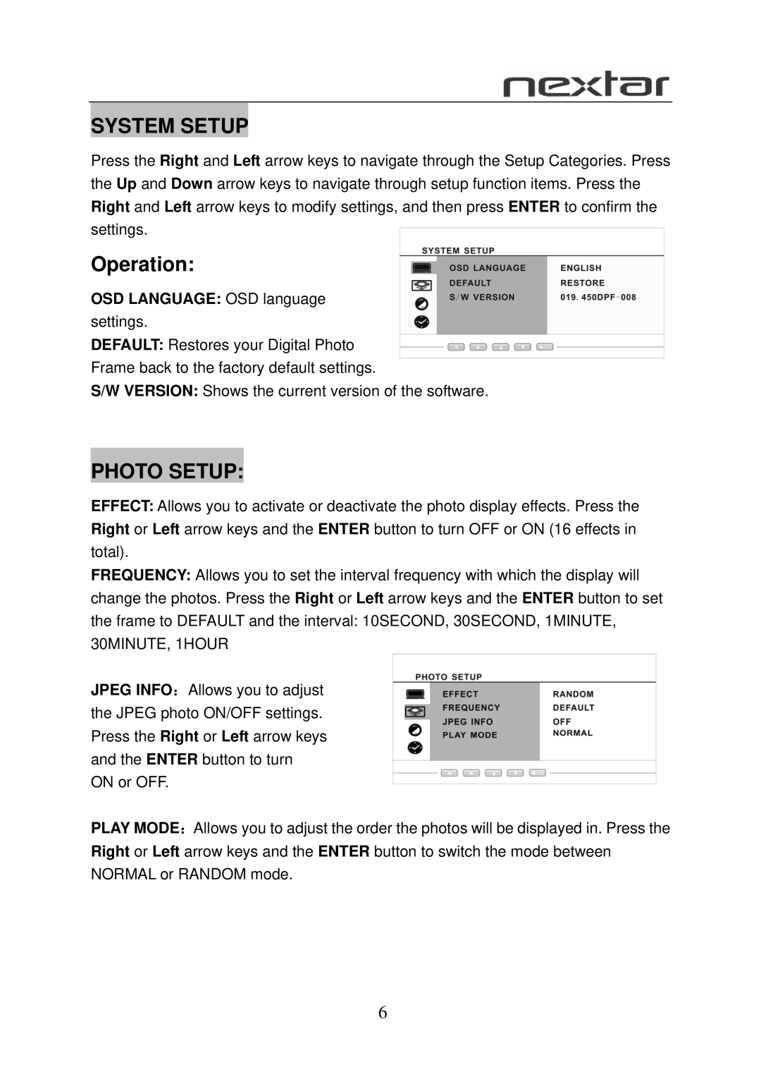 Nextar N7-110 user manual System Setup, Operation, Photo Setup 