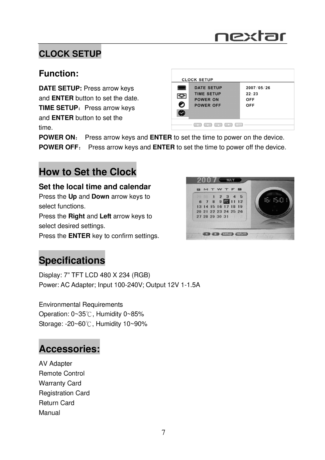 Nextar N7-110 user manual How to Set the Clock, Specifications, Accessories, Clock Setup, Function 