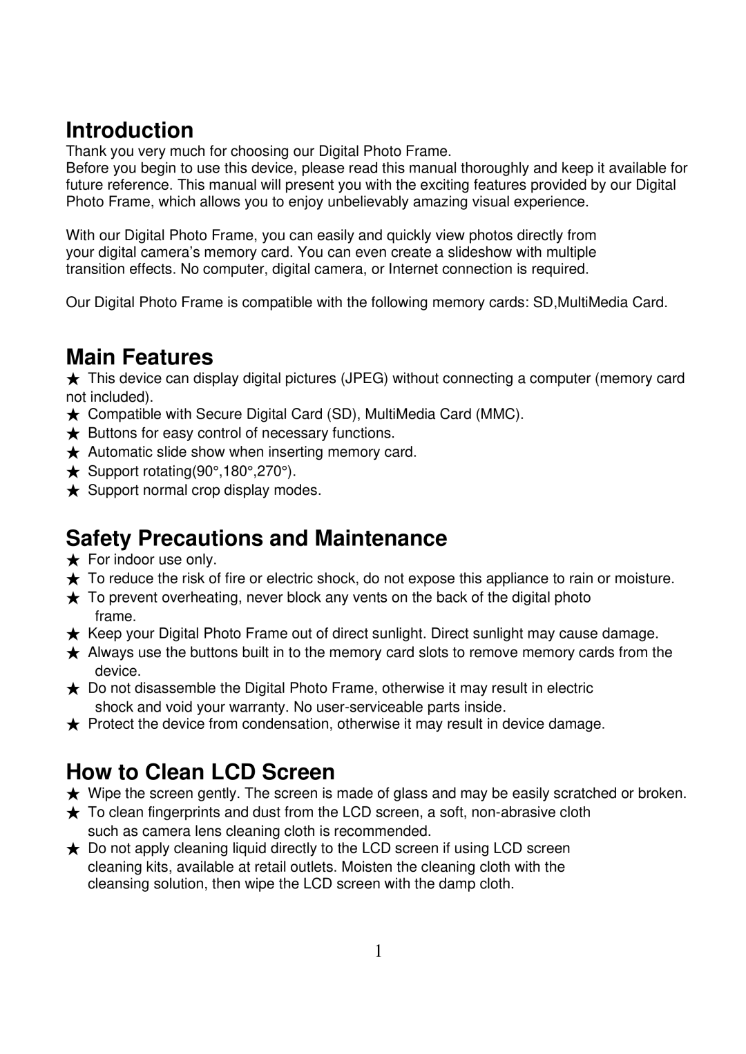 Nextar N7-115 user manual Introduction, Main Features, Safety Precautions and Maintenance, How to Clean LCD Screen 