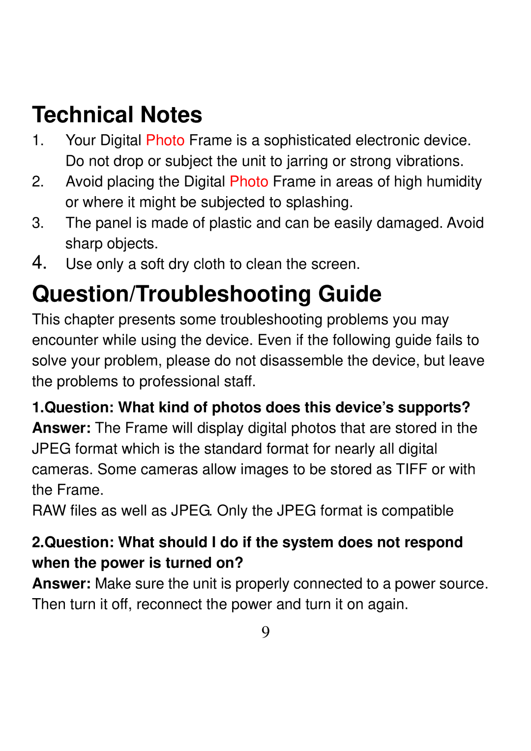 Nextar N7-202 Technical Notes, Question/Troubleshooting Guide, Question What kind of photos does this device’s supports? 