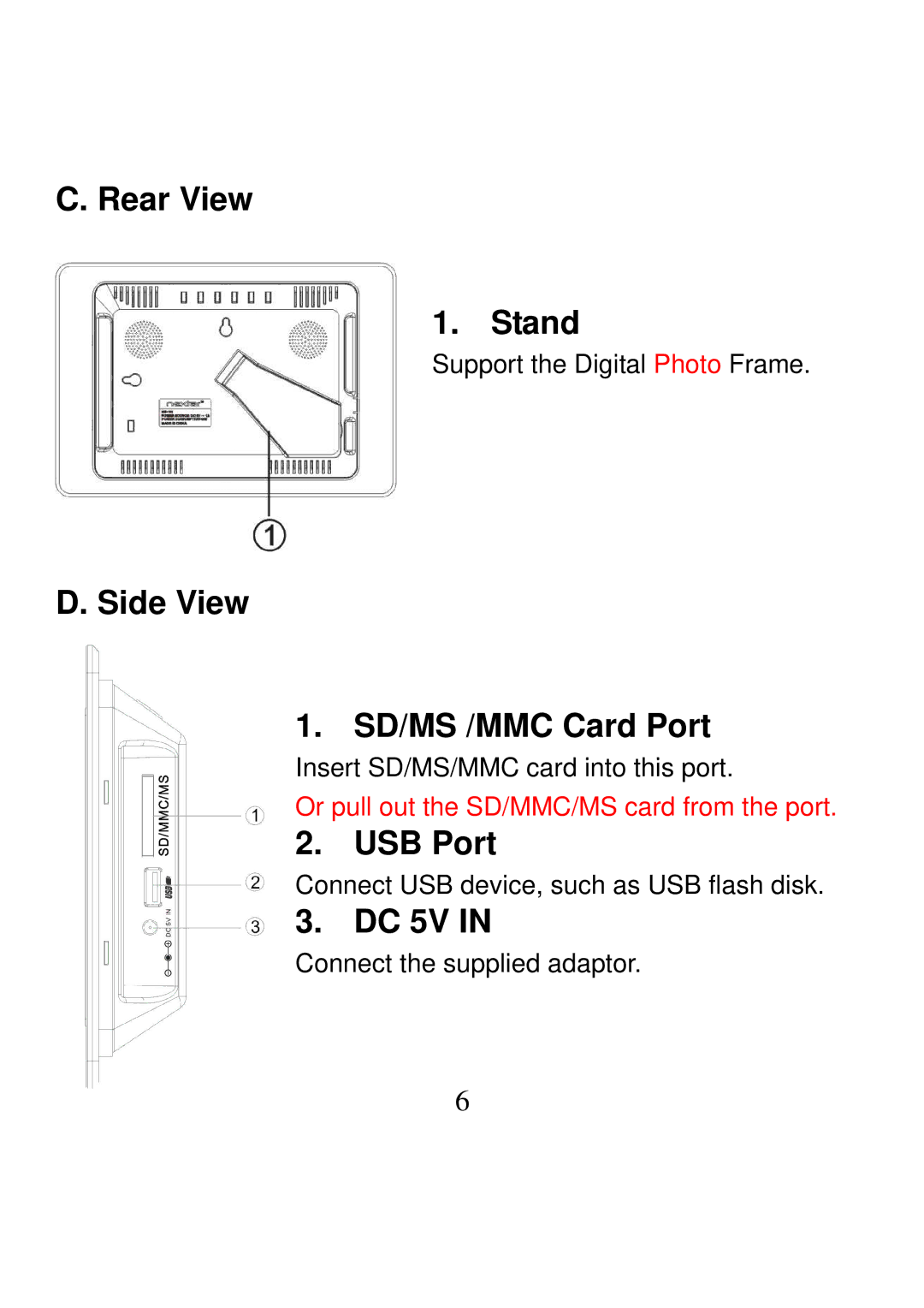 Nextar N7-202 manual Rear View Stand, Side View SD/MS /MMC Card Port, USB Port, DC 5V 