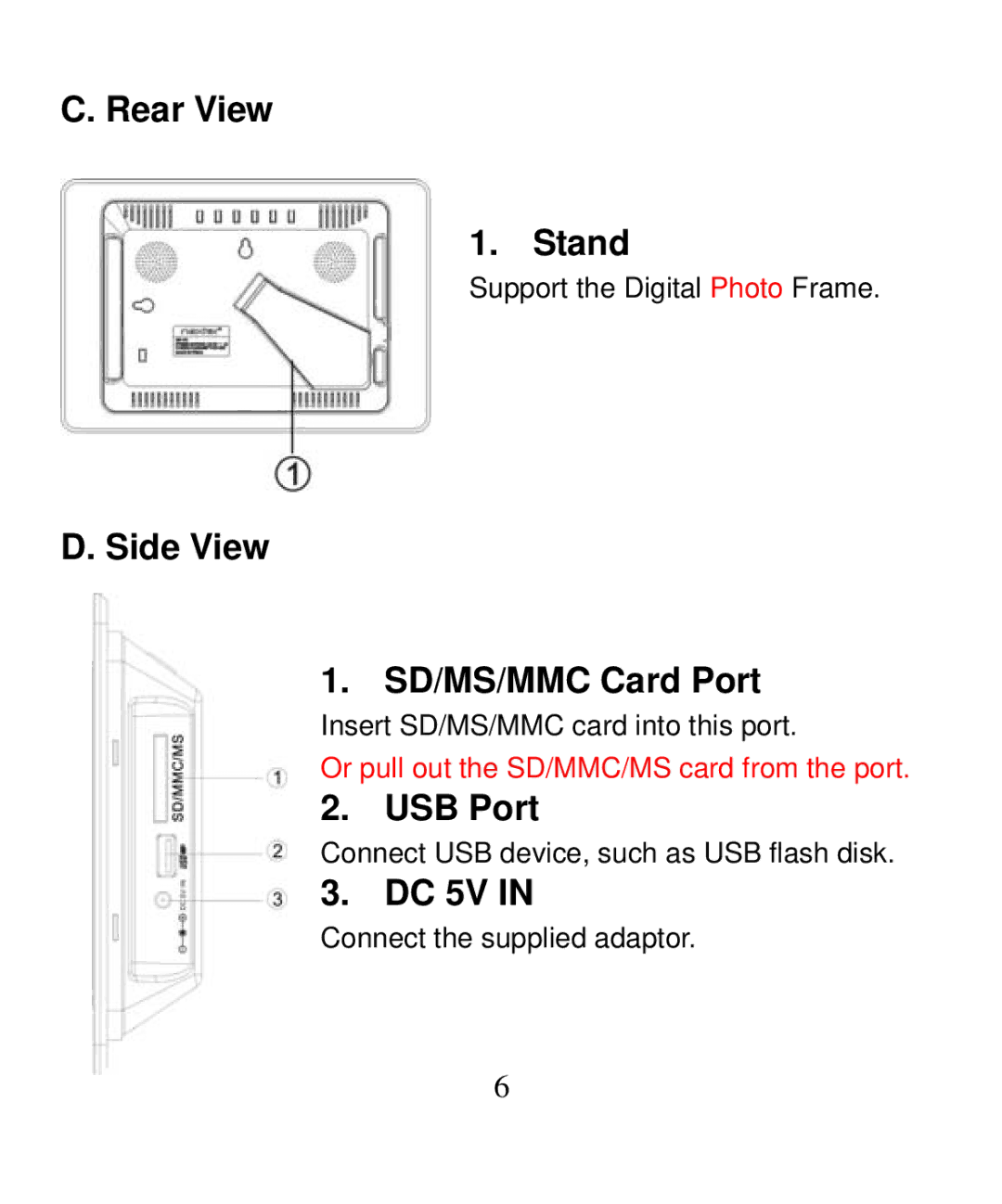 Nextar N7-207 manual Rear View Stand, Side View SD/MS/MMC Card Port, USB Port, DC 5V 