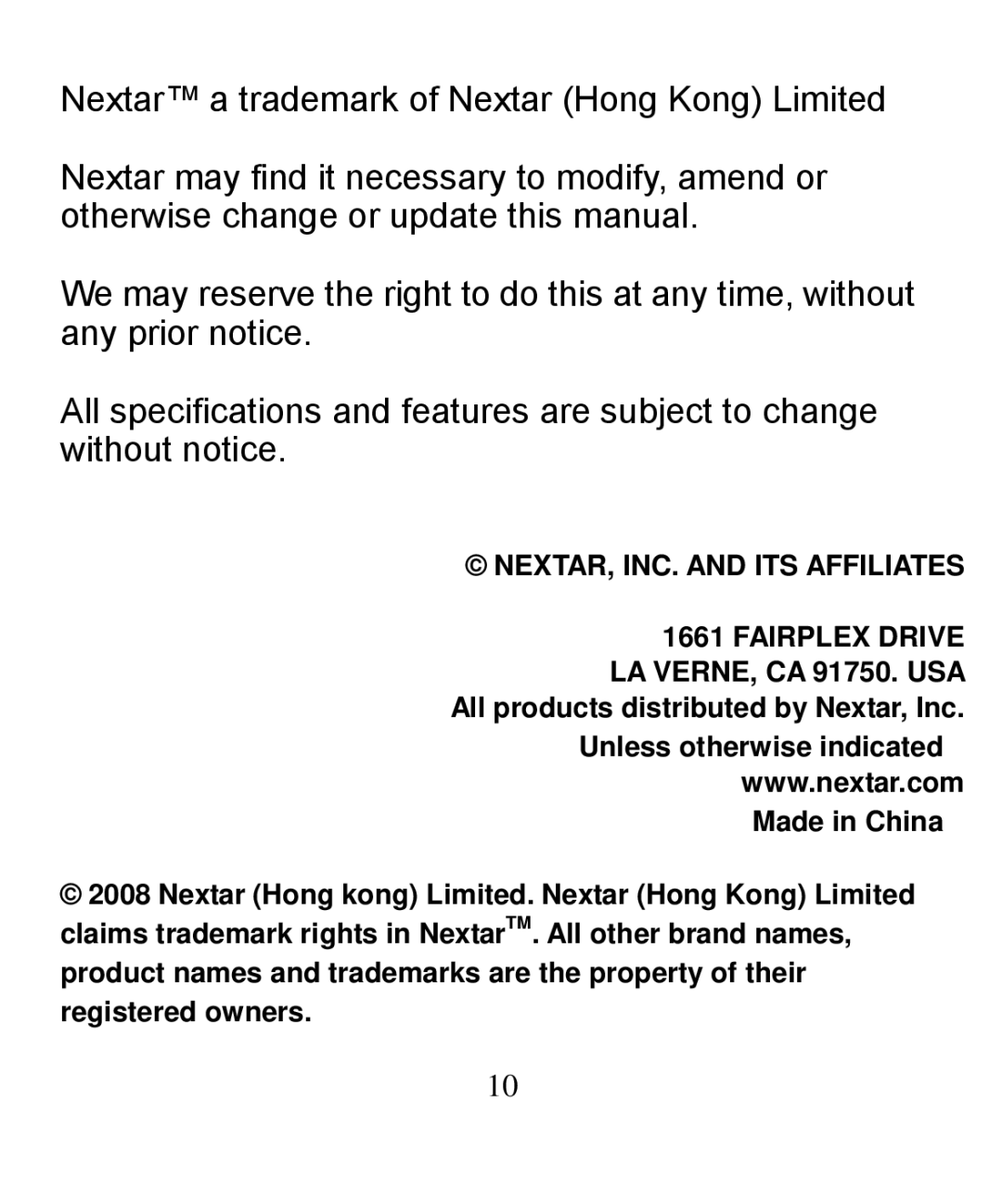 Nextar N7-208 manual NEXTAR, INC. and ITS Affiliates 