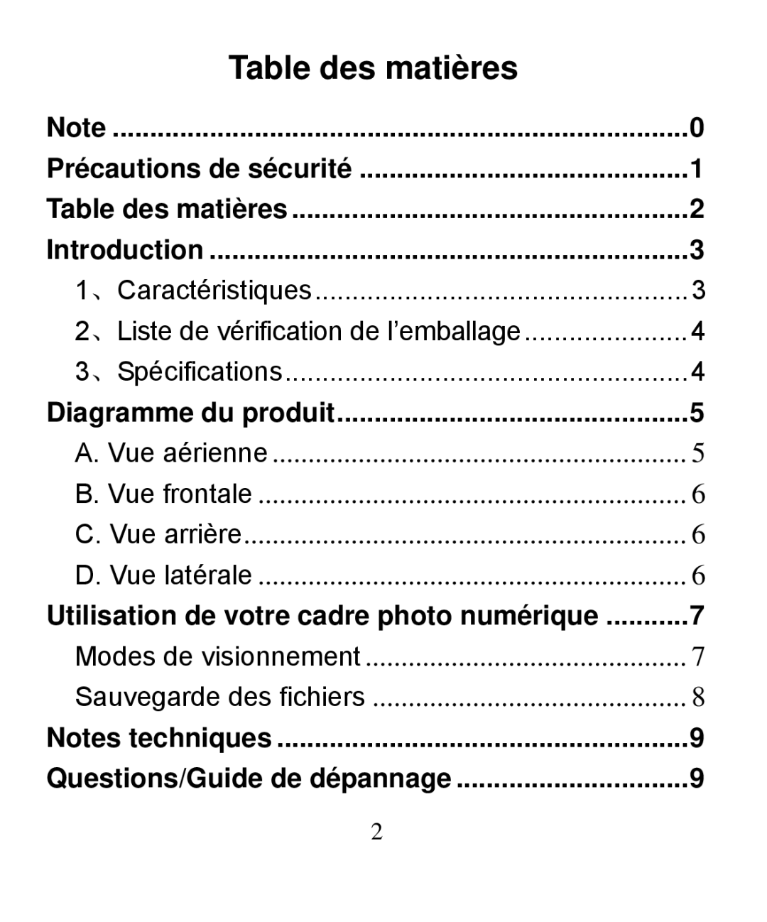 Nextar N7-208 manual Table des matières, 、Caractéristiques 、Liste de vérification de l’emballage 