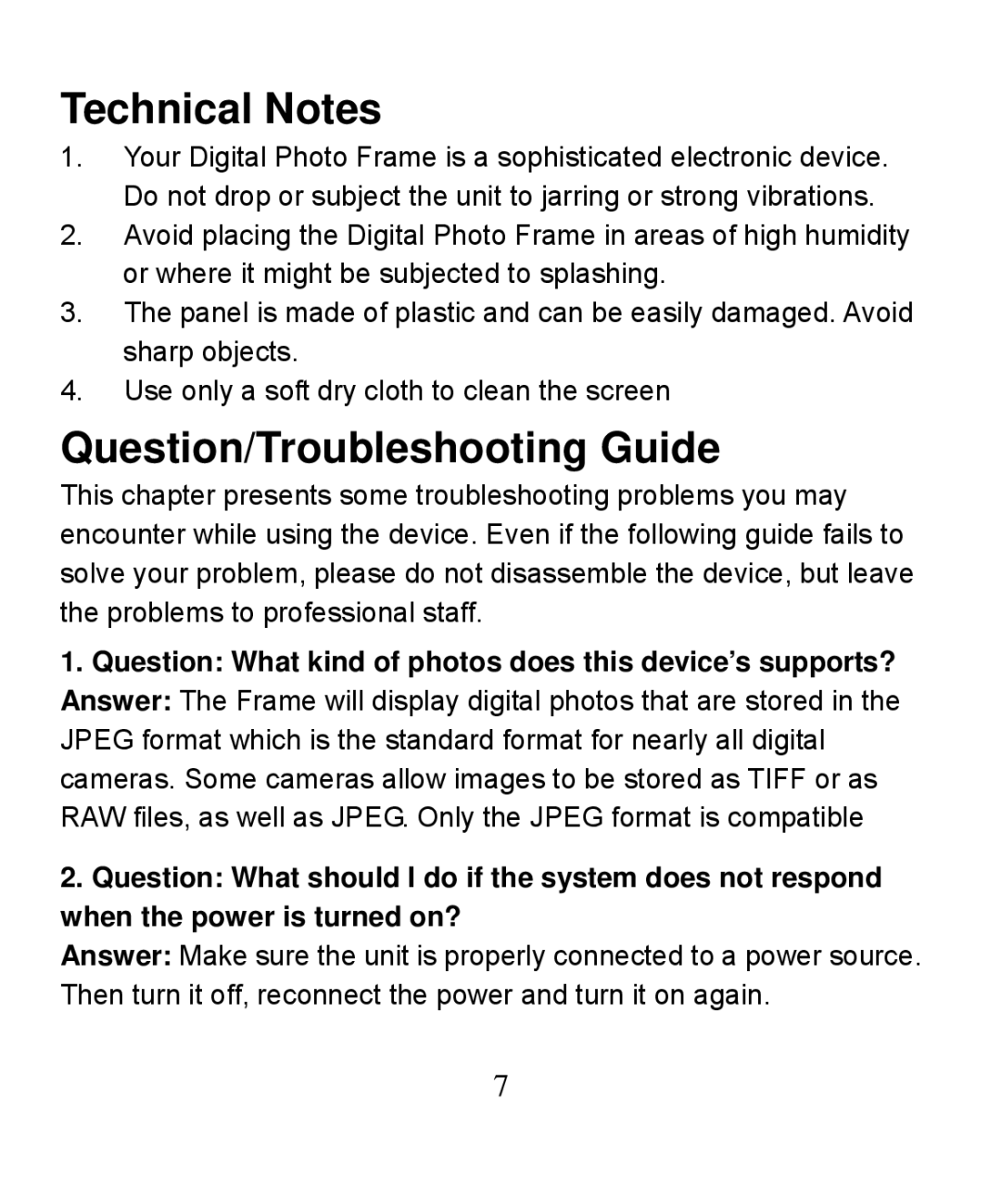 Nextar N7-208 manual Technical Notes, Question/Troubleshooting Guide 