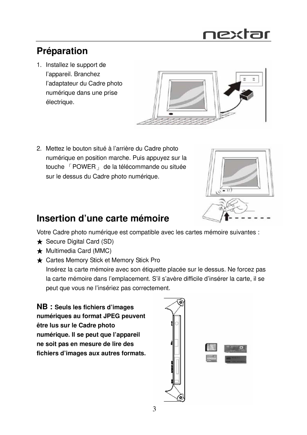 Nextar N7S-100 user manual Préparation, Insertion d’une carte mémoire 