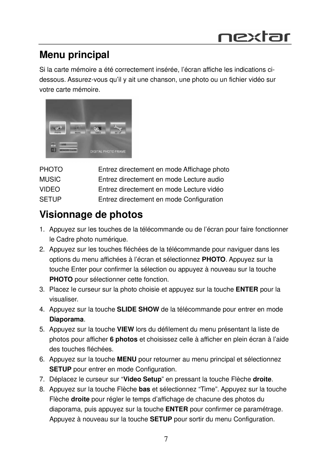 Nextar N7S-100 user manual Menu principal, Visionnage de photos 