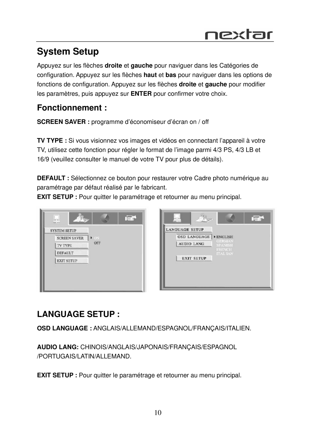 Nextar N7S-100 user manual System Setup, Fonctionnement 