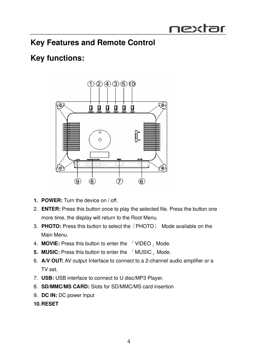 Nextar N7S-100 user manual Key Features and Remote Control Key functions 