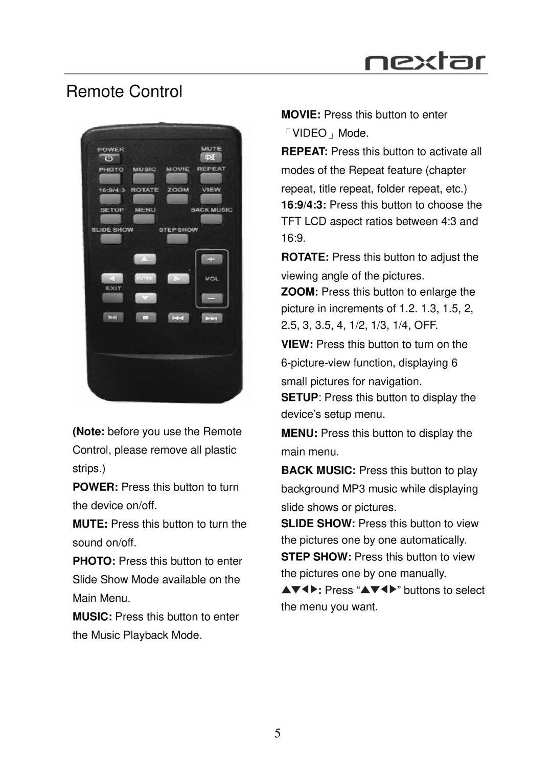 Nextar N7S-100 user manual Remote Control 