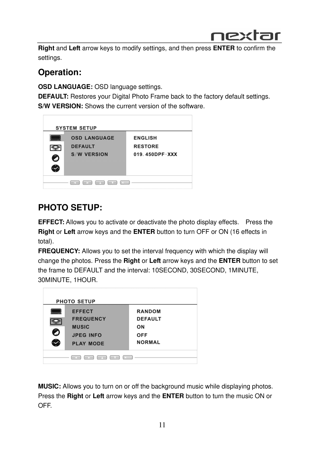 Nextar N7W-1BE user manual Operation, Photo Setup 