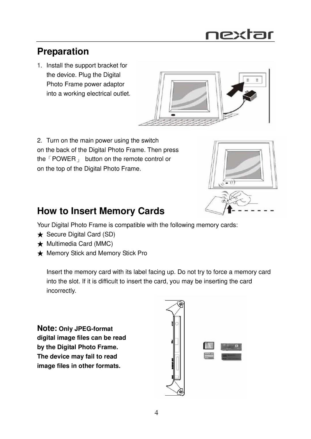 Nextar N7W-1BE user manual Preparation, How to Insert Memory Cards 