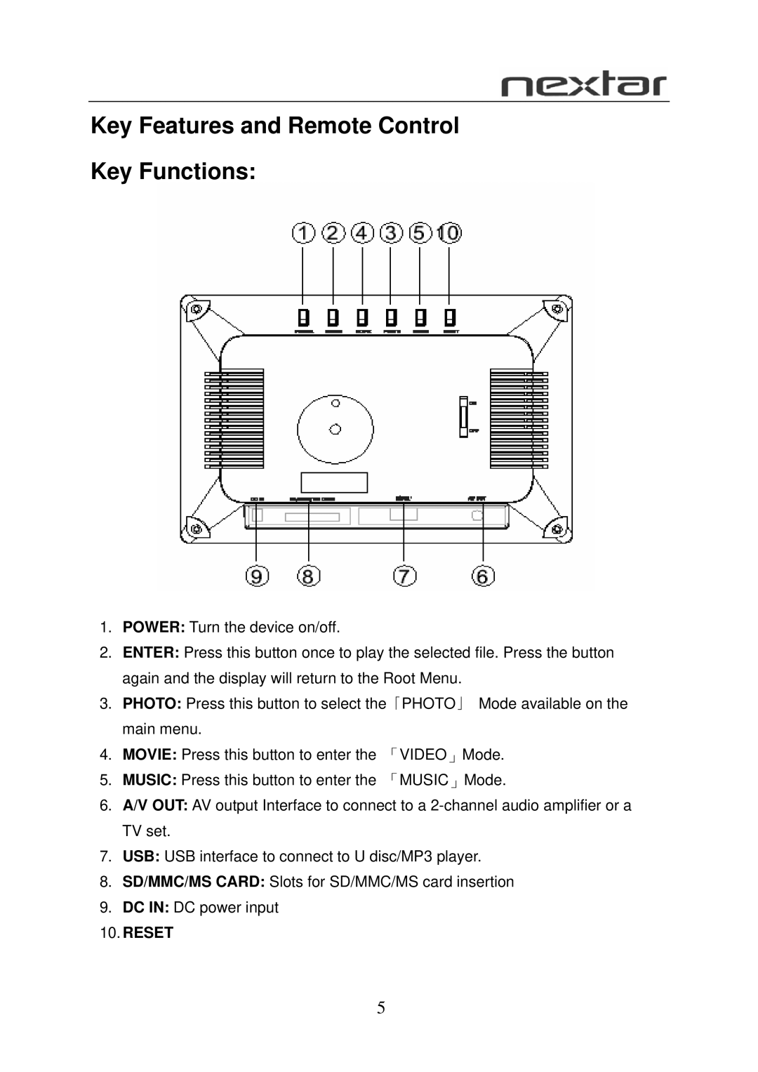 Nextar N7W-1BE user manual Key Features and Remote Control Key Functions 