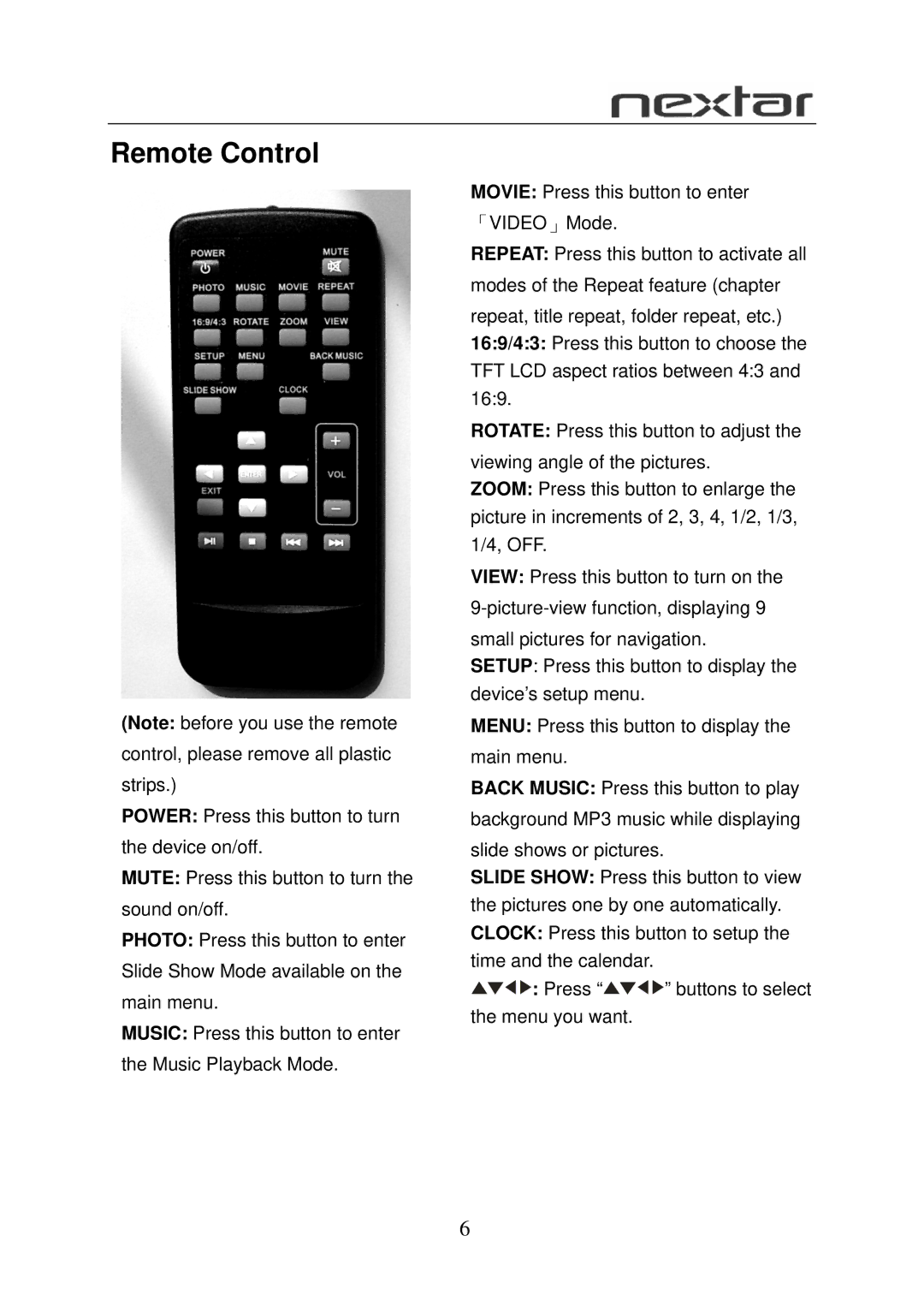 Nextar N7W-1BE user manual Remote Control 