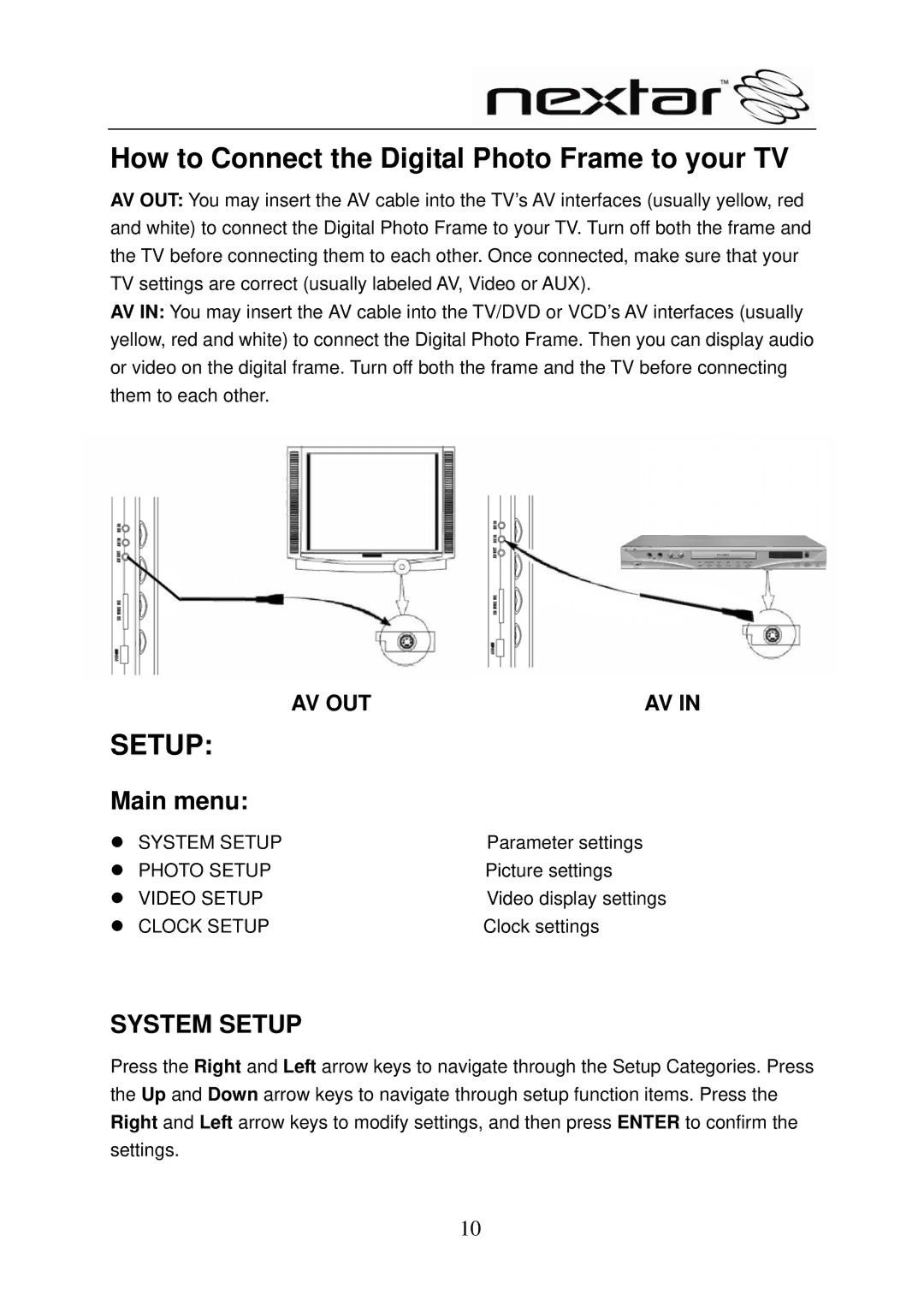 Nextar N8-101 user manual How to Connect the Digital Photo Frame to your TV, Main menu 