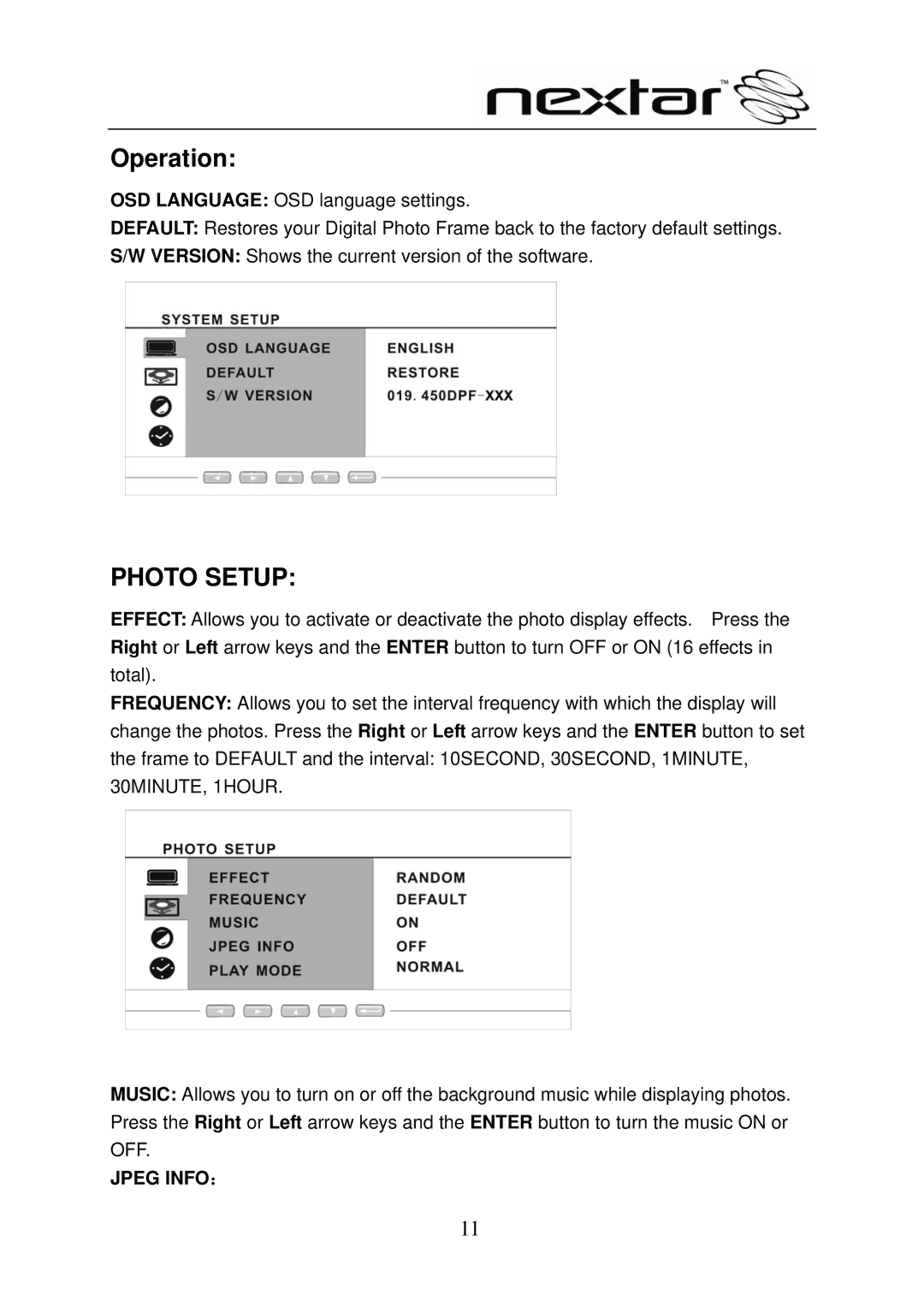 Nextar N8-101 user manual Operation, Photo Setup 