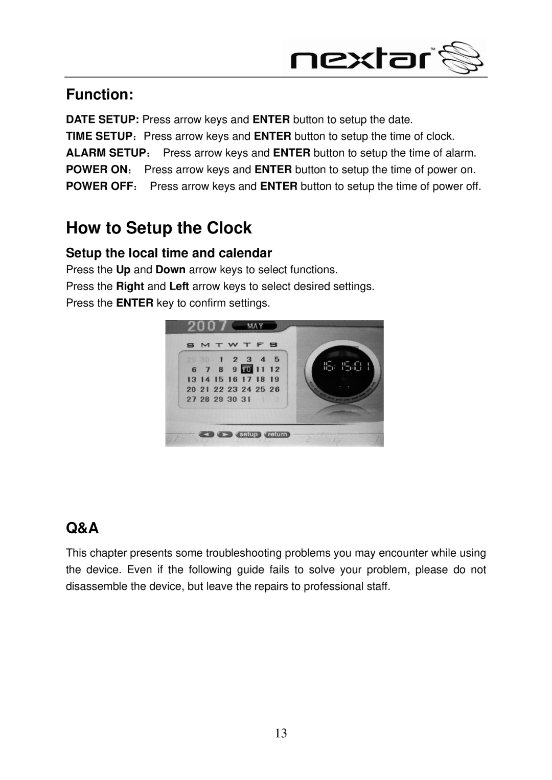 Nextar N8-101 user manual How to Setup the Clock, Setup the local time and calendar 