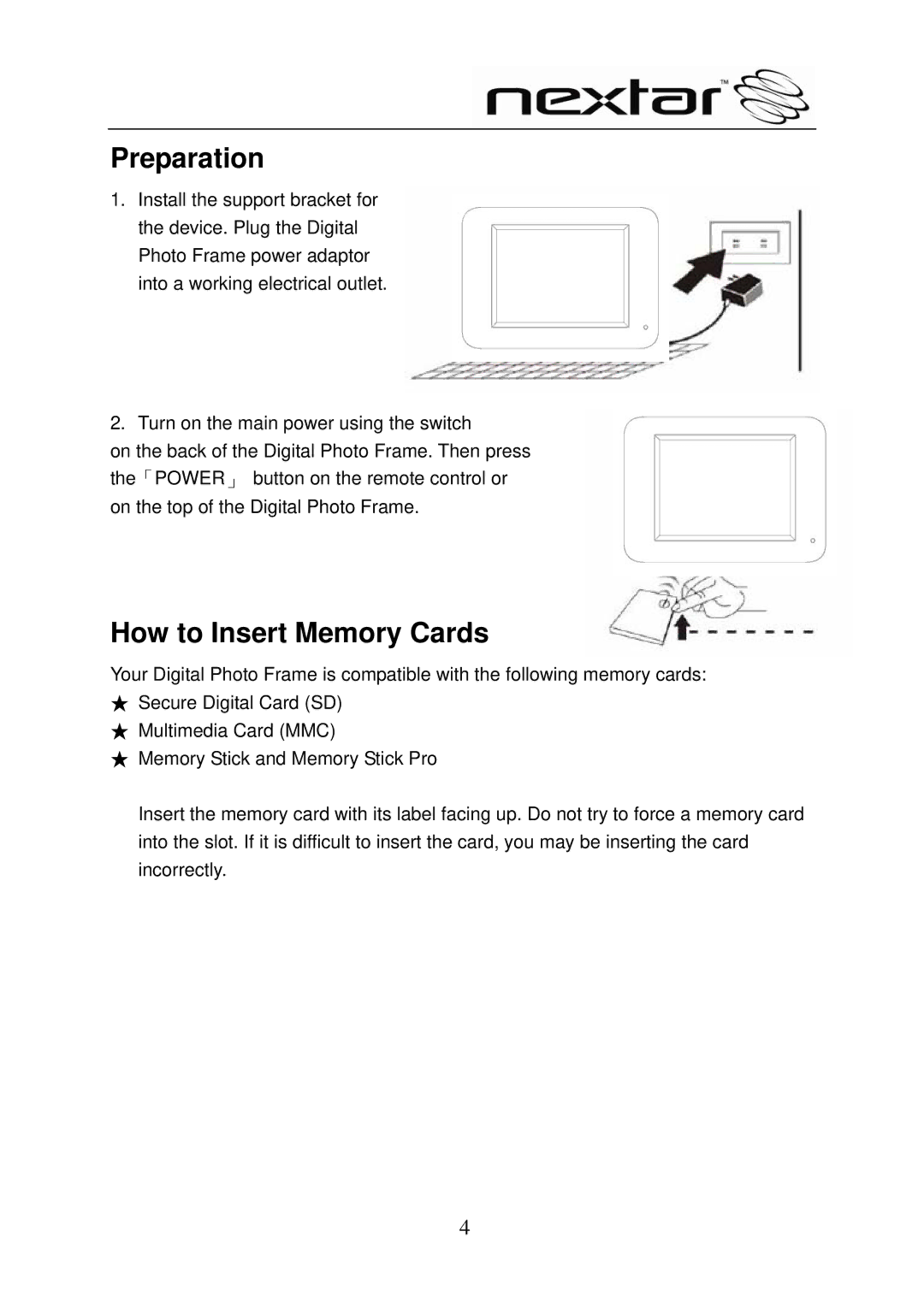 Nextar N8-101 user manual Preparation, How to Insert Memory Cards 