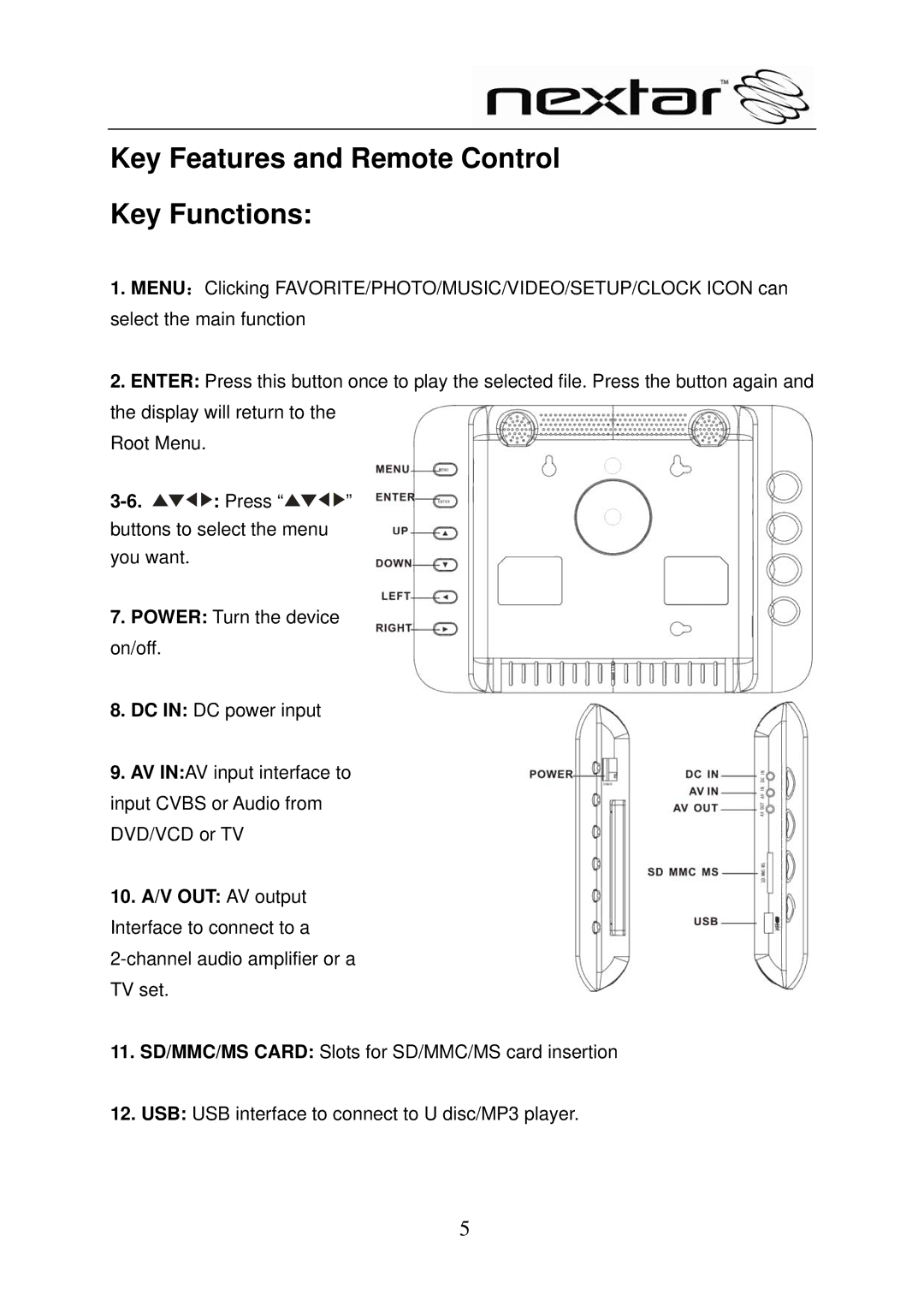 Nextar N8-101 user manual Key Features and Remote Control Key Functions 