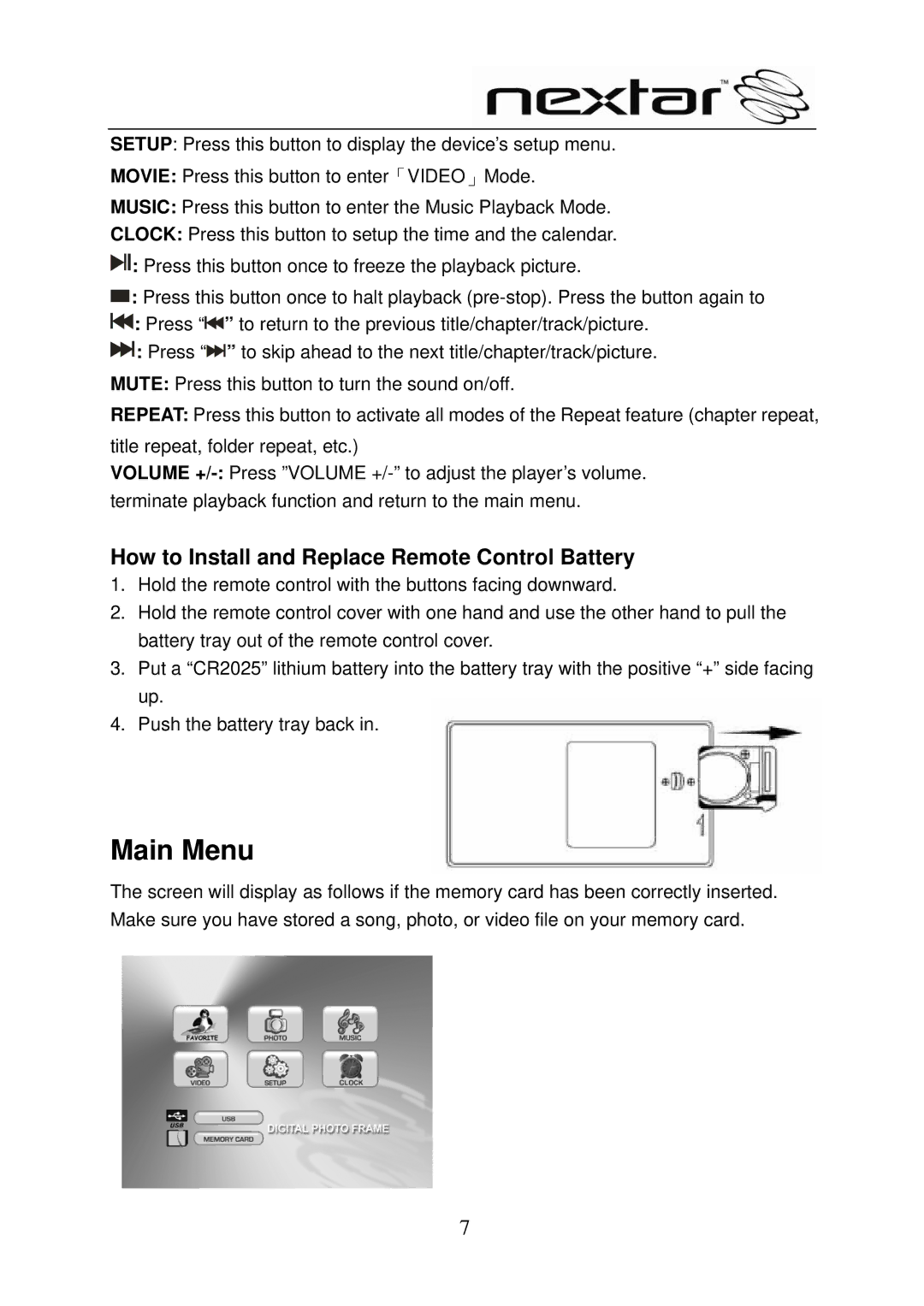 Nextar N8-101 user manual Main Menu, How to Install and Replace Remote Control Battery 