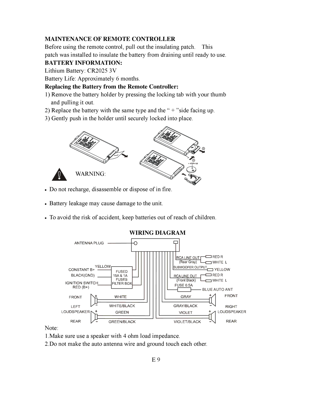 Nextar NC990C manual Maintenance of Remote Controller, Battery Information, Wiring Diagram 