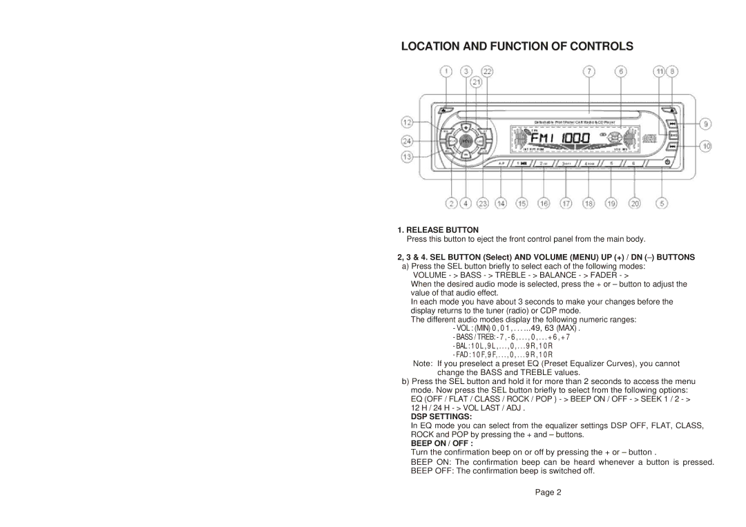 Nextar NCD60C manual Location and Function of Controls, Release Button, DSP Settings, Beep on / OFF 