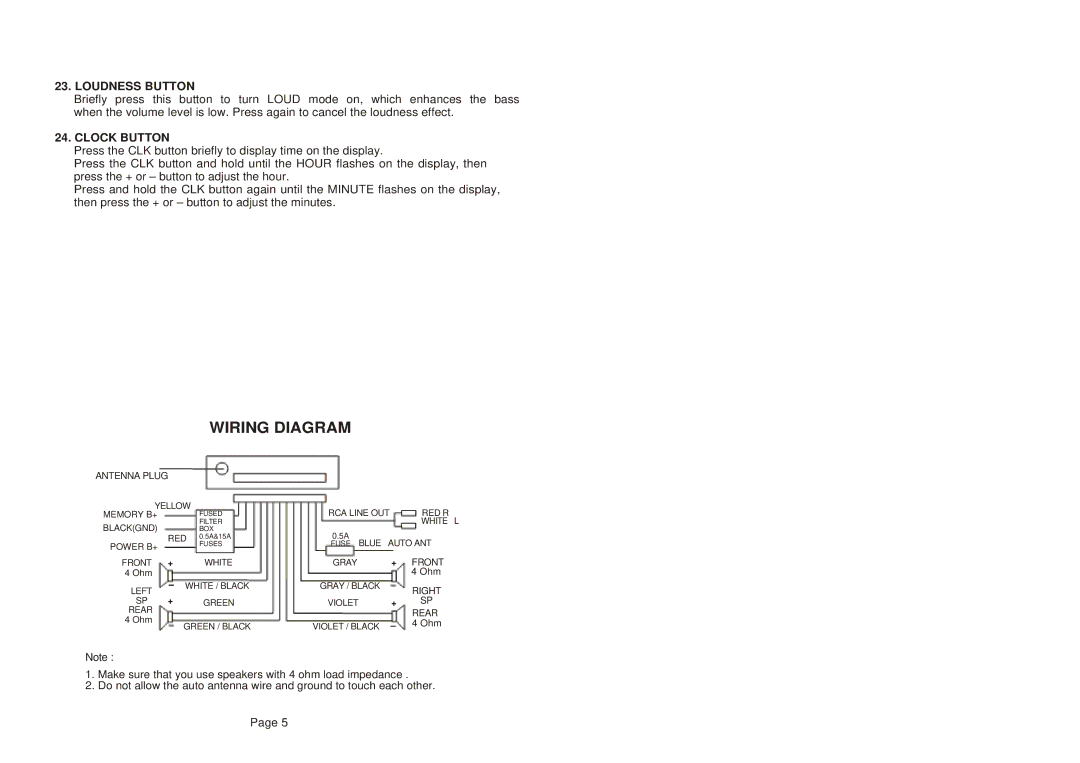 Nextar NCD60C manual Wiring Diagram, Loudness Button, Clock Button 