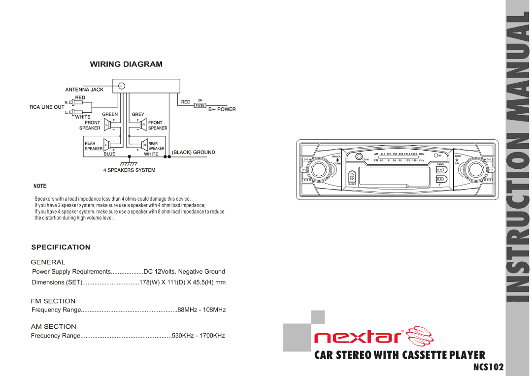 Nextar NCS102 dimensions Wiring Diagram, Specification 