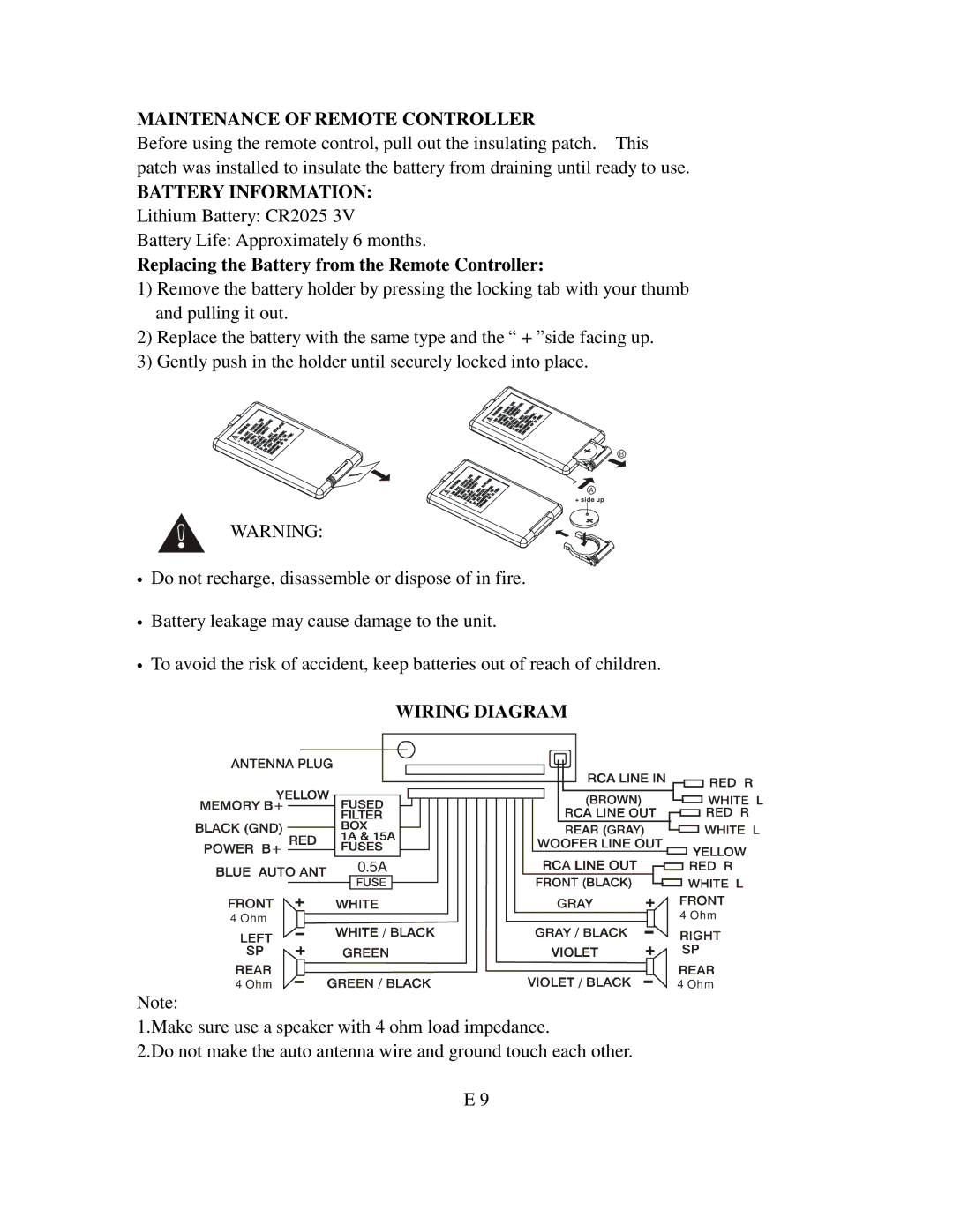 Nextar NCU101 manual Maintenance of Remote Controller, Battery Information, Wiring Diagram 