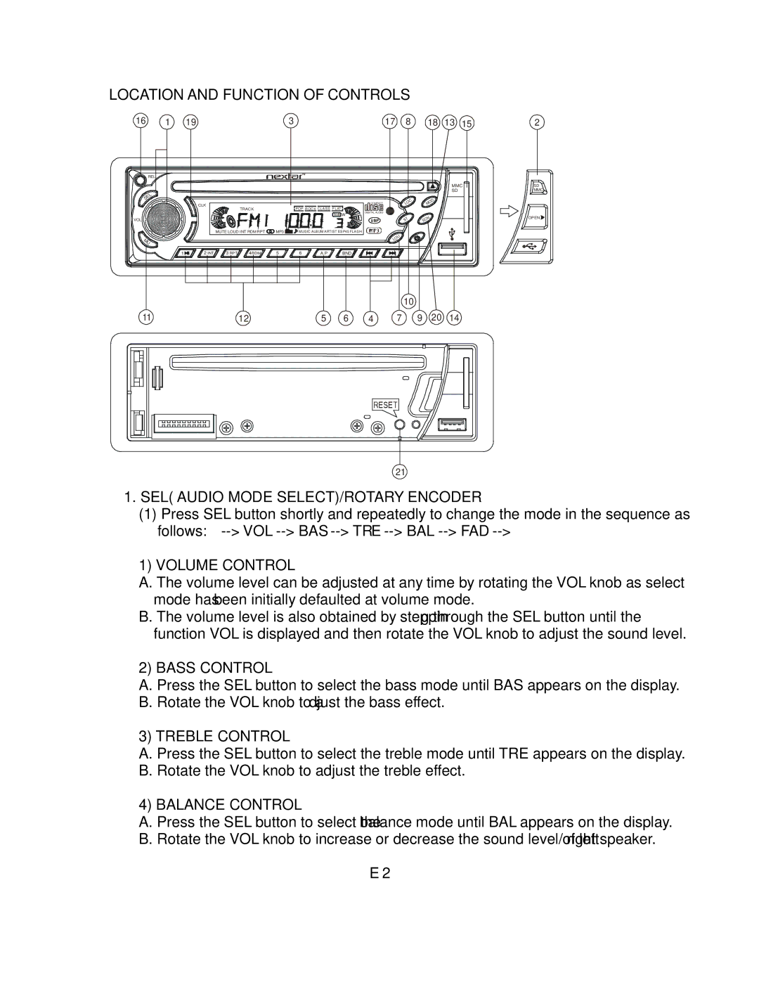 Nextar NCU101 manual Location and Function of Controls, SEL Audio Mode SELECT/ROTARY Encoder 