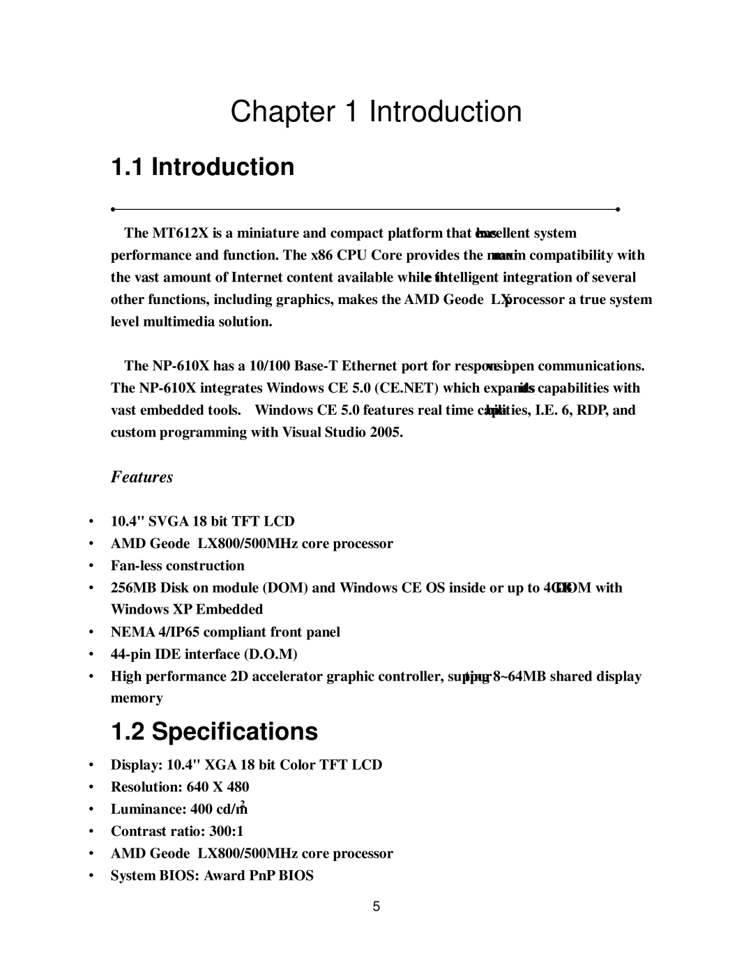 Nextar NP-610X user manual Introduction, Specifications 