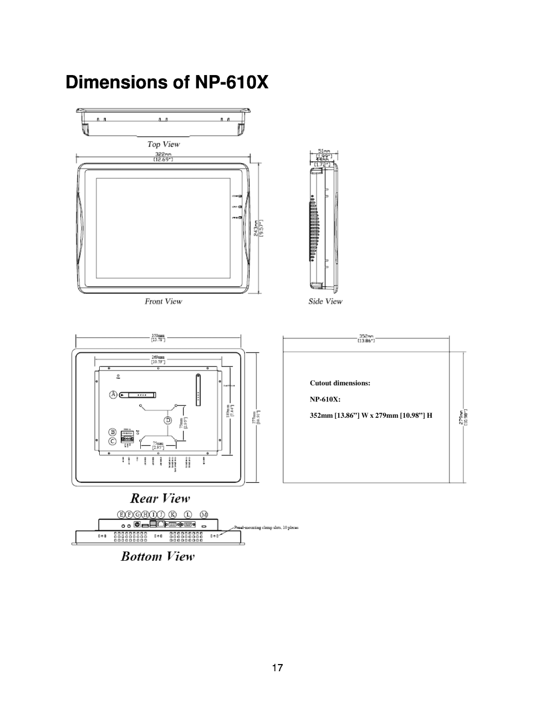 Nextar user manual Dimensions of NP-610X, Cutout dimensions NP-610X 352mm 13.86” W x 279mm 10.98” H 