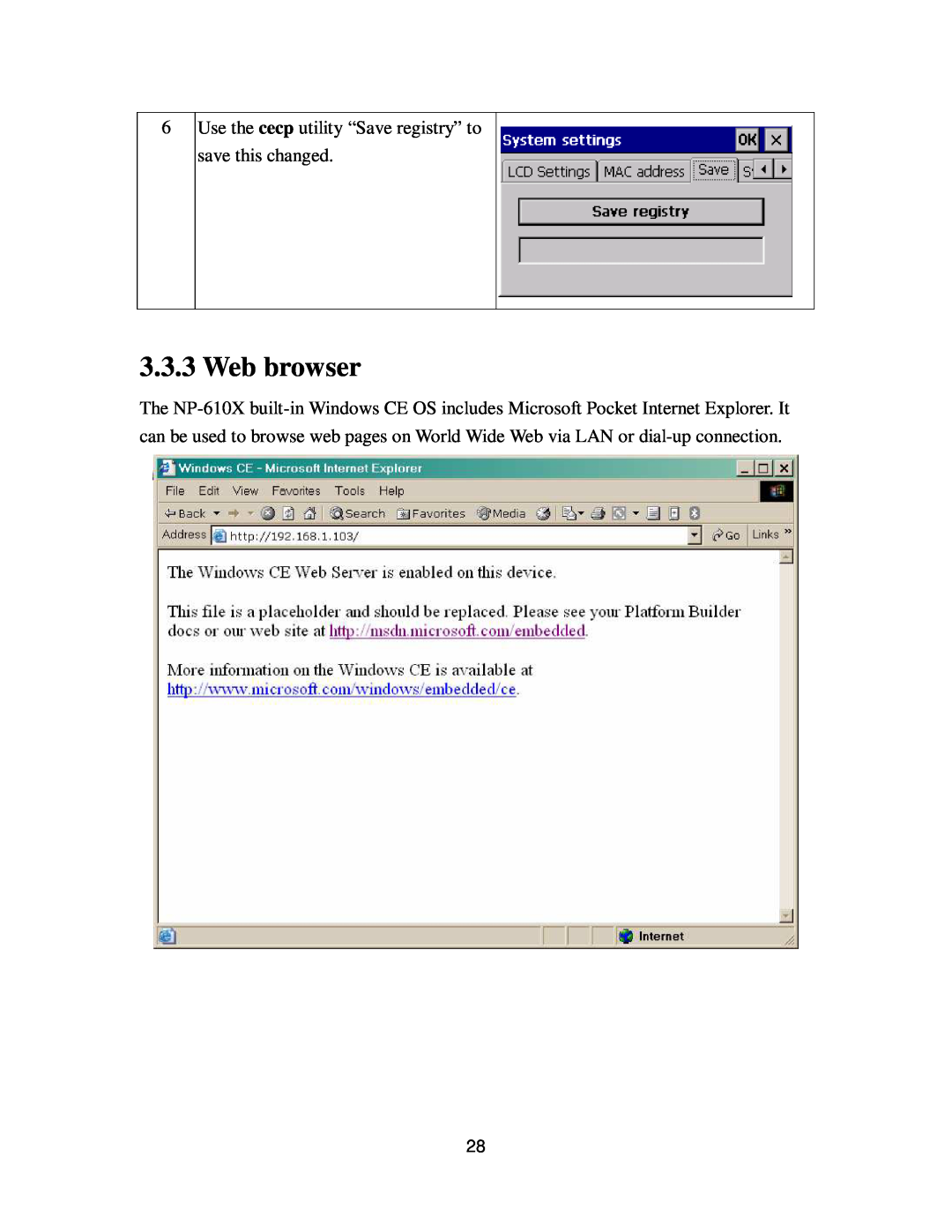 Nextar NP-610X user manual Web browser, Use the cecp utility “Save registry” to save this changed 