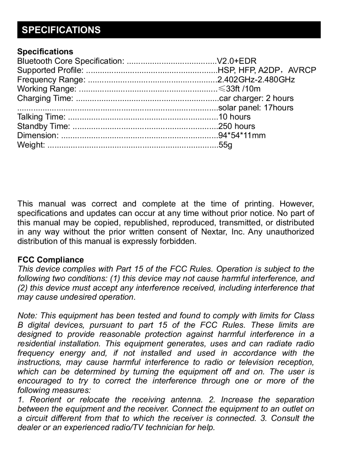 Nextar NXBT-001 manual Specifications, FCC Compliance 