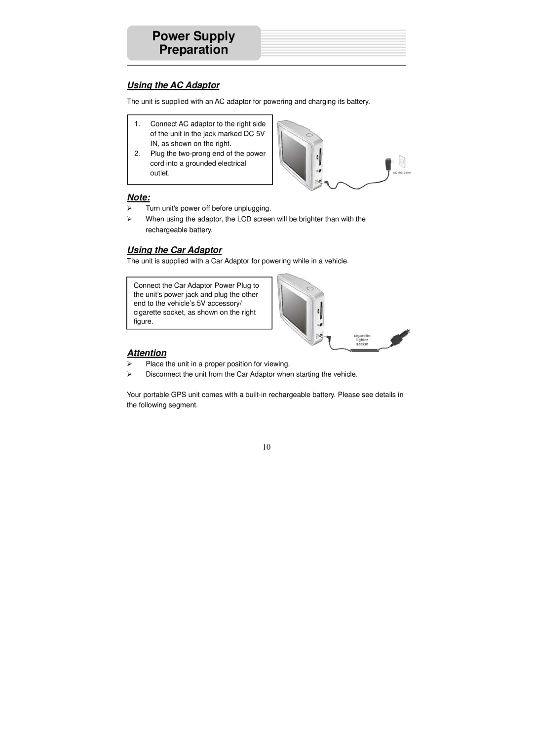 Nextar X3-09 operating instructions Power Supply Preparation, Using the AC Adaptor, Using the Car Adaptor 