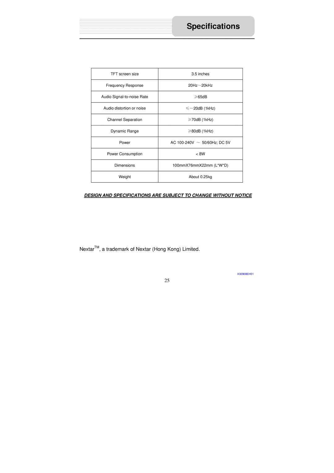 Nextar X3-09 operating instructions Specifications 