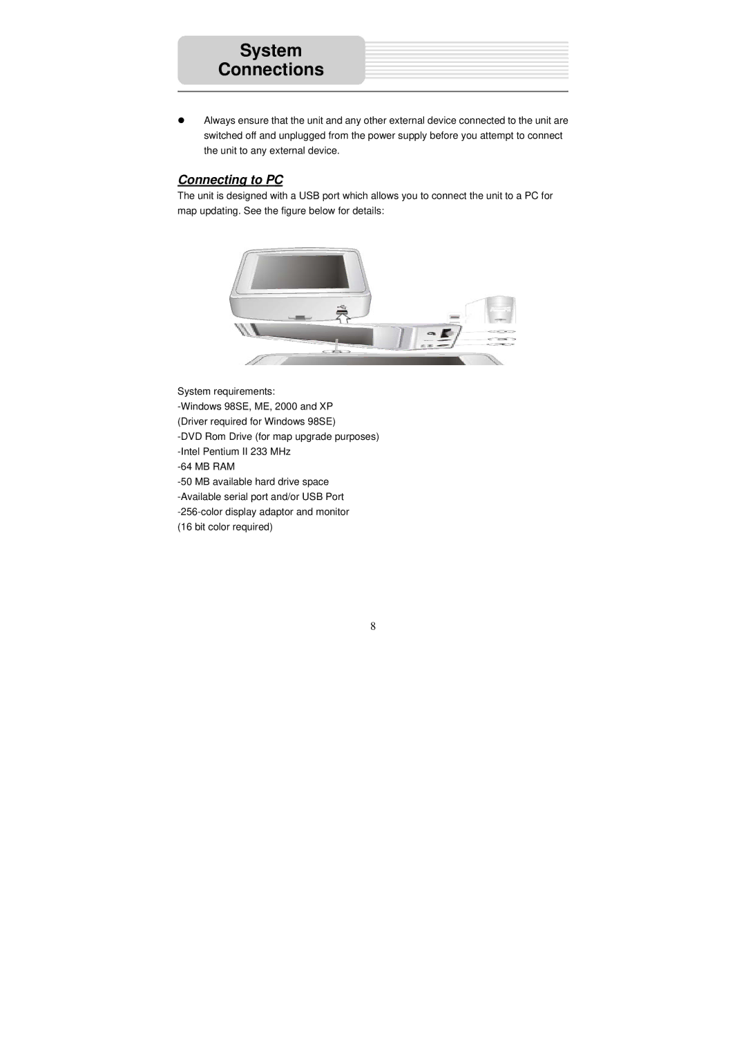 Nextar X3-09 operating instructions System Connections, Connecting to PC 