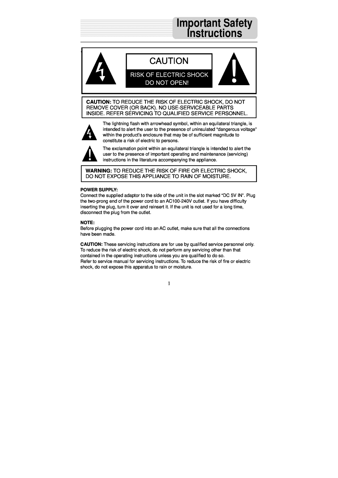 Nextar X3-09 operating instructions Important Safety Instructions, Power Supply 