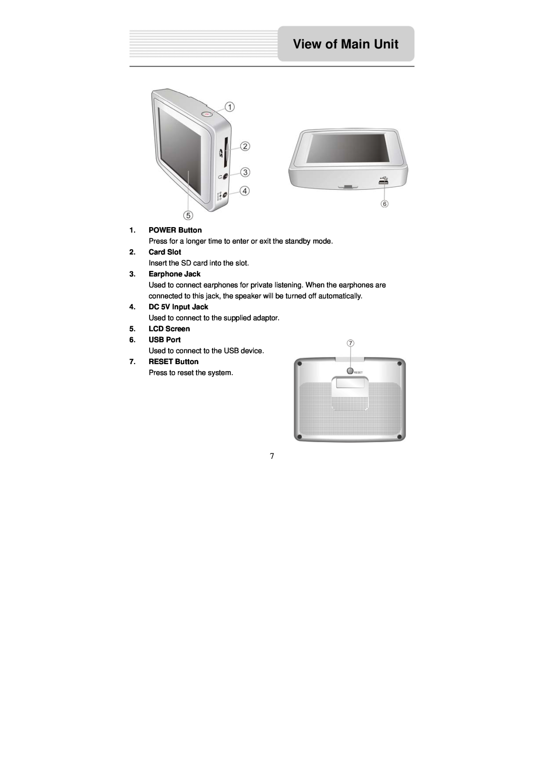 Nextar X3-09 View of Main Unit, POWER Button, Card Slot, Earphone Jack, DC 5V Input Jack, LCD Screen 6. USB Port 