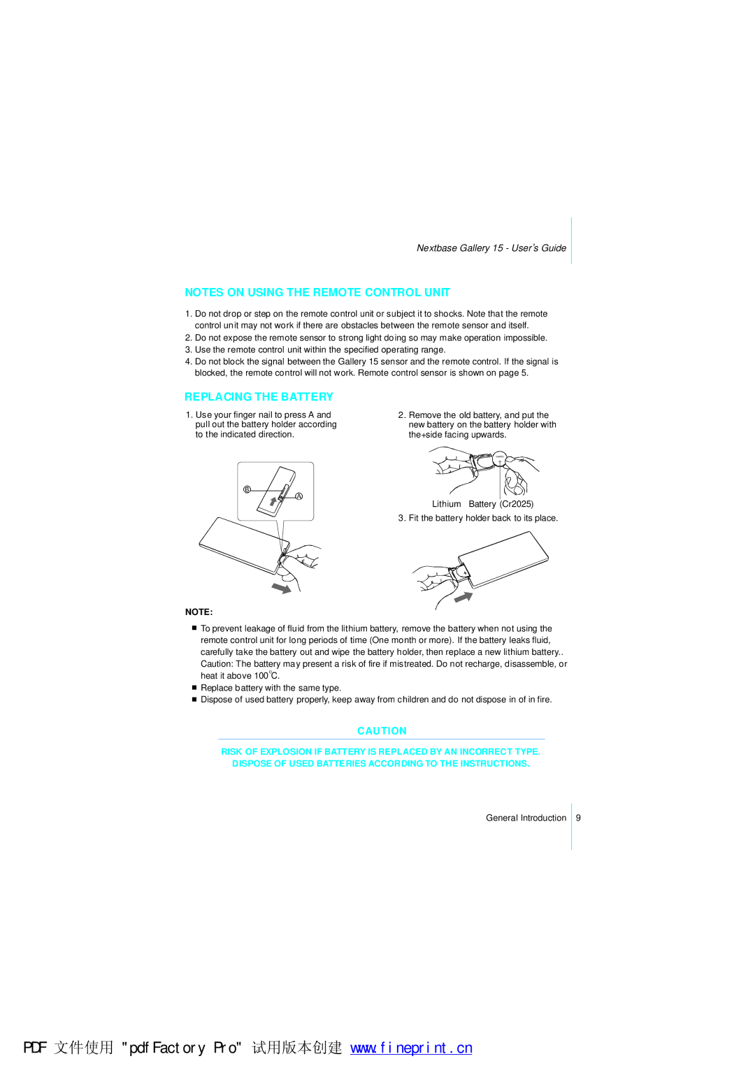 NextBase Gallery 15 manual Replacing the Battery 