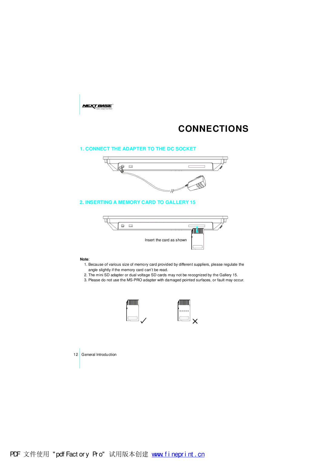 NextBase Gallery 15 manual Connections 