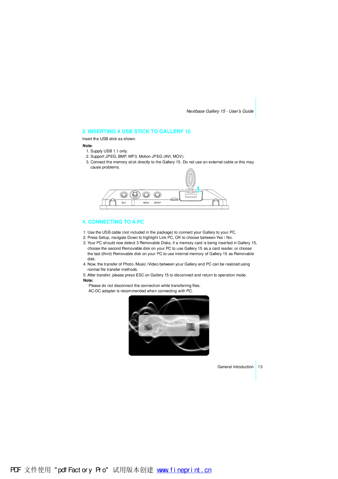 NextBase Gallery 15 manual Inserting a USB Stick to Gallery, Connecting to a PC 